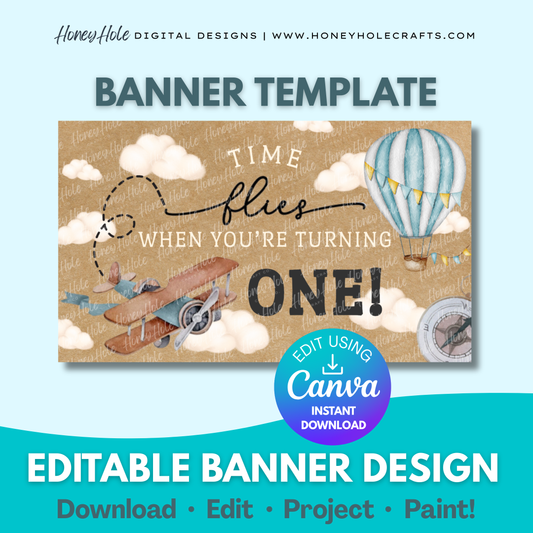 Vintage Time Flies Birthday Template | Airplane, Hot Air Balloon, Travel, Brown Paper | Editable digital banner template made by Honey Hole Crafts | Available at honeyholecrafts.com