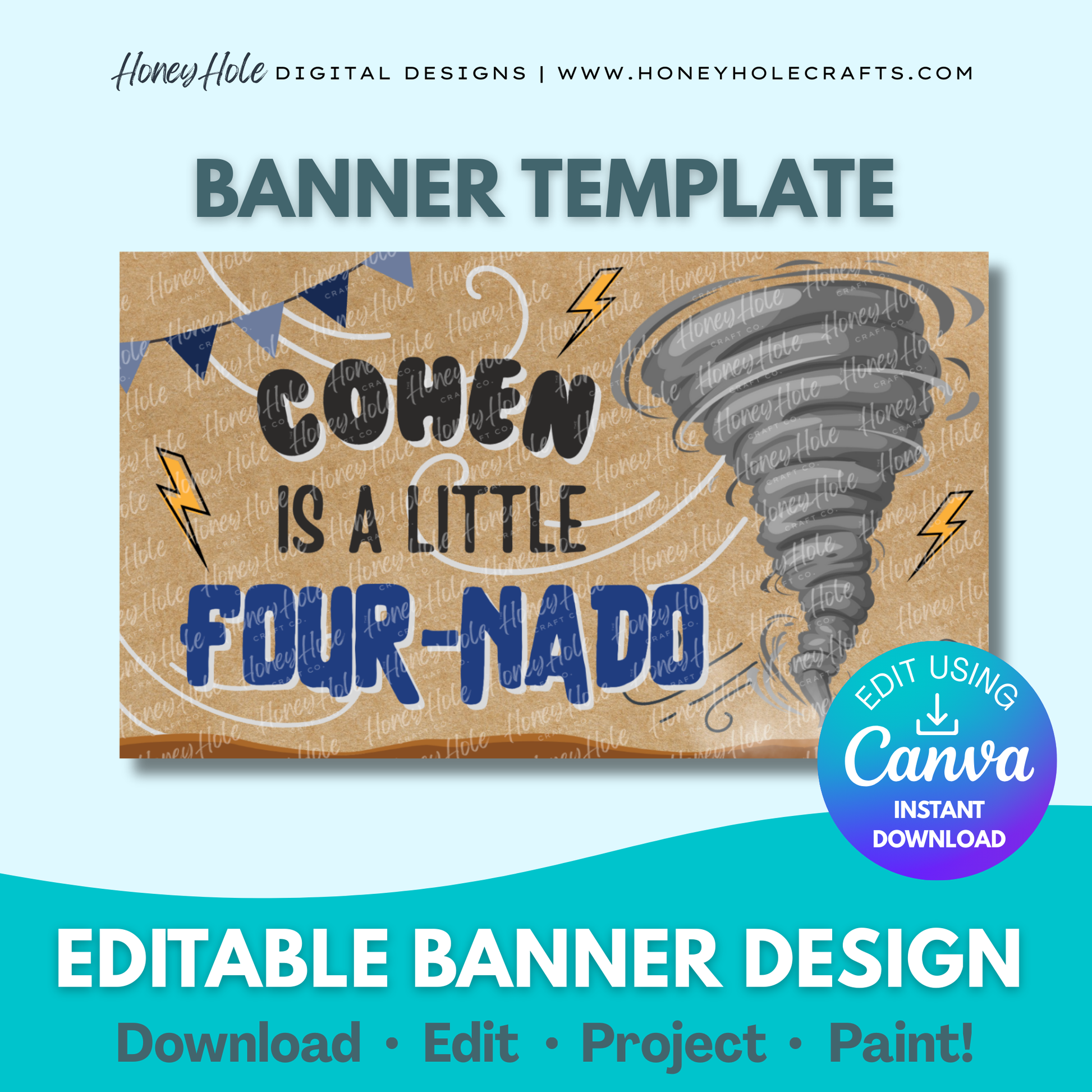 Tornado Birthday Template | Four-Nado, Twister Storm Party, Brown Paper | Editable digital banner template made by Honey Hole Crafts | Available at honeyholecrafts.com