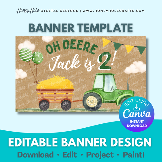 Tractor Birthday Template | Green & Yellow Tractor, Brown Paper | Editable digital banner template made by Honey Hole Crafts | Available at honeyholecrafts.com