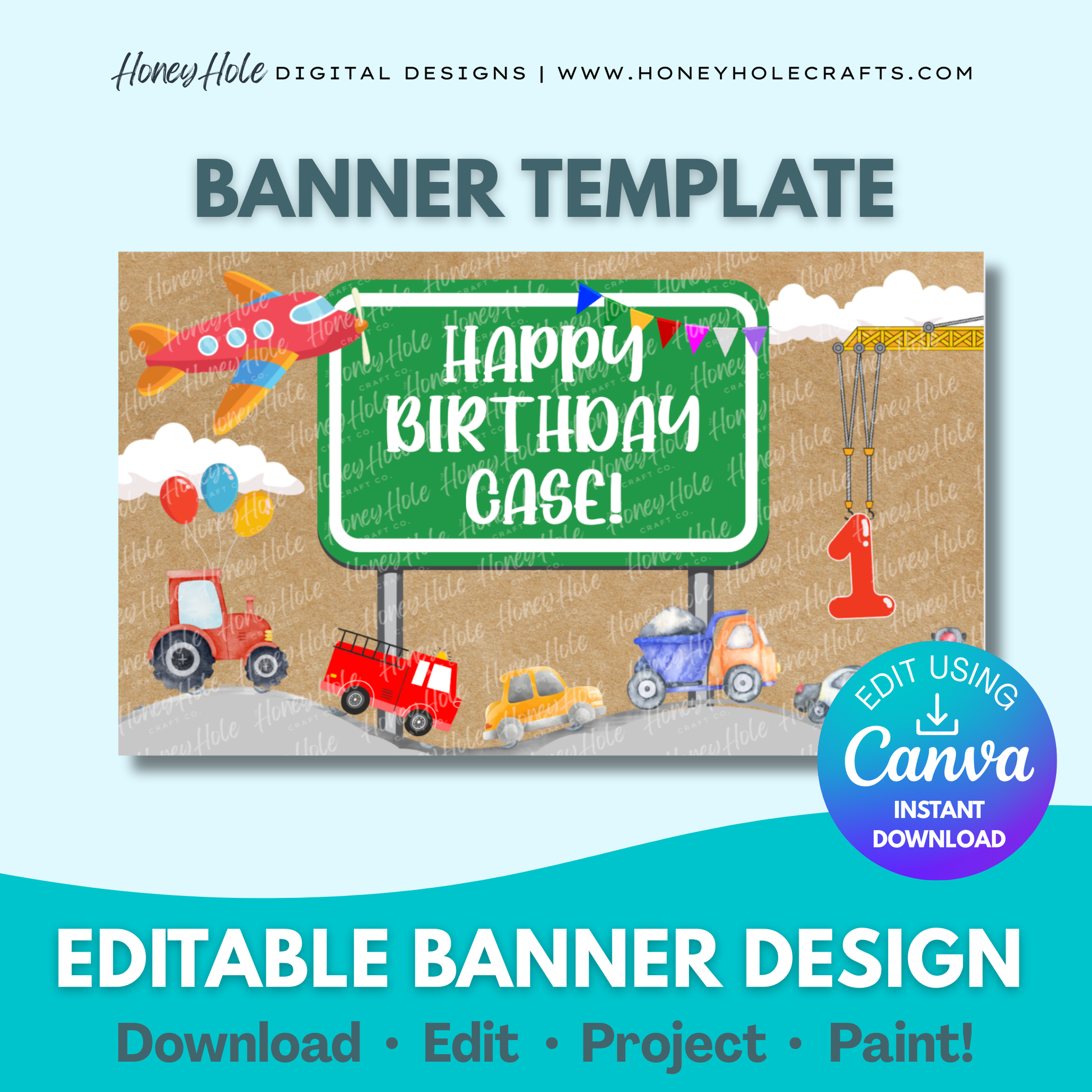 Transportation Birthday Template | Train, Fire Truck, Boy Party, Brown Paper | Editable digital banner template made by Honey Hole Crafts | Available at honeyholecrafts.com