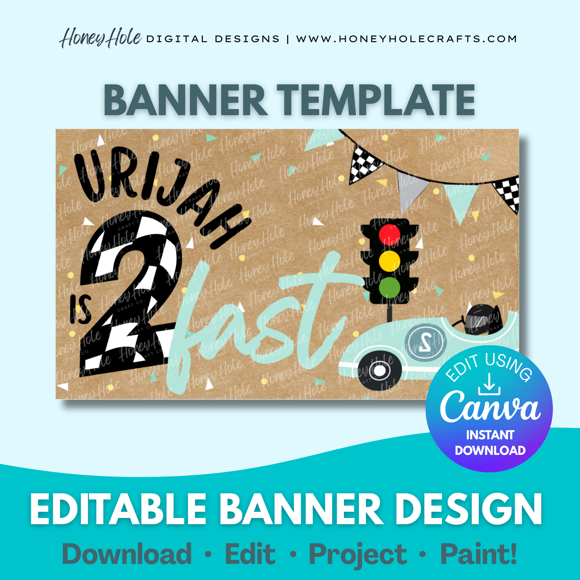 Two Fast Race Car Birthday Template | Racing, Boy 2nd Birthday, Brown Paper | Editable digital banner template made by Honey Hole Crafts | Available at honeyholecrafts.com