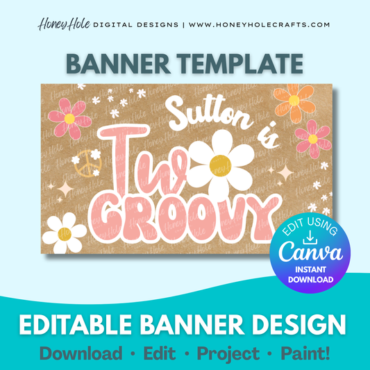 Two Groovy Birthday Template | Peace, Retro, Daisy, Brown Paper | Editable digital banner template made by Honey Hole Crafts | Available at honeyholecrafts.com