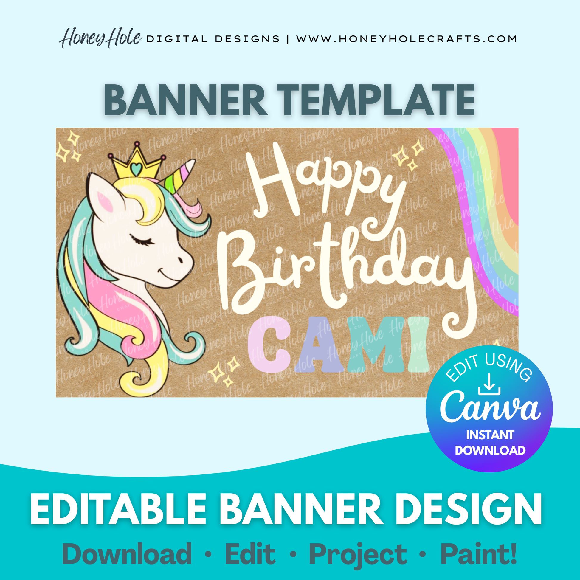 Unicorn Birthday Template | Whimsical Rainbow Crown, Brown Paper | Editable digital banner template made by Honey Hole Crafts | Available at honeyholecrafts.com