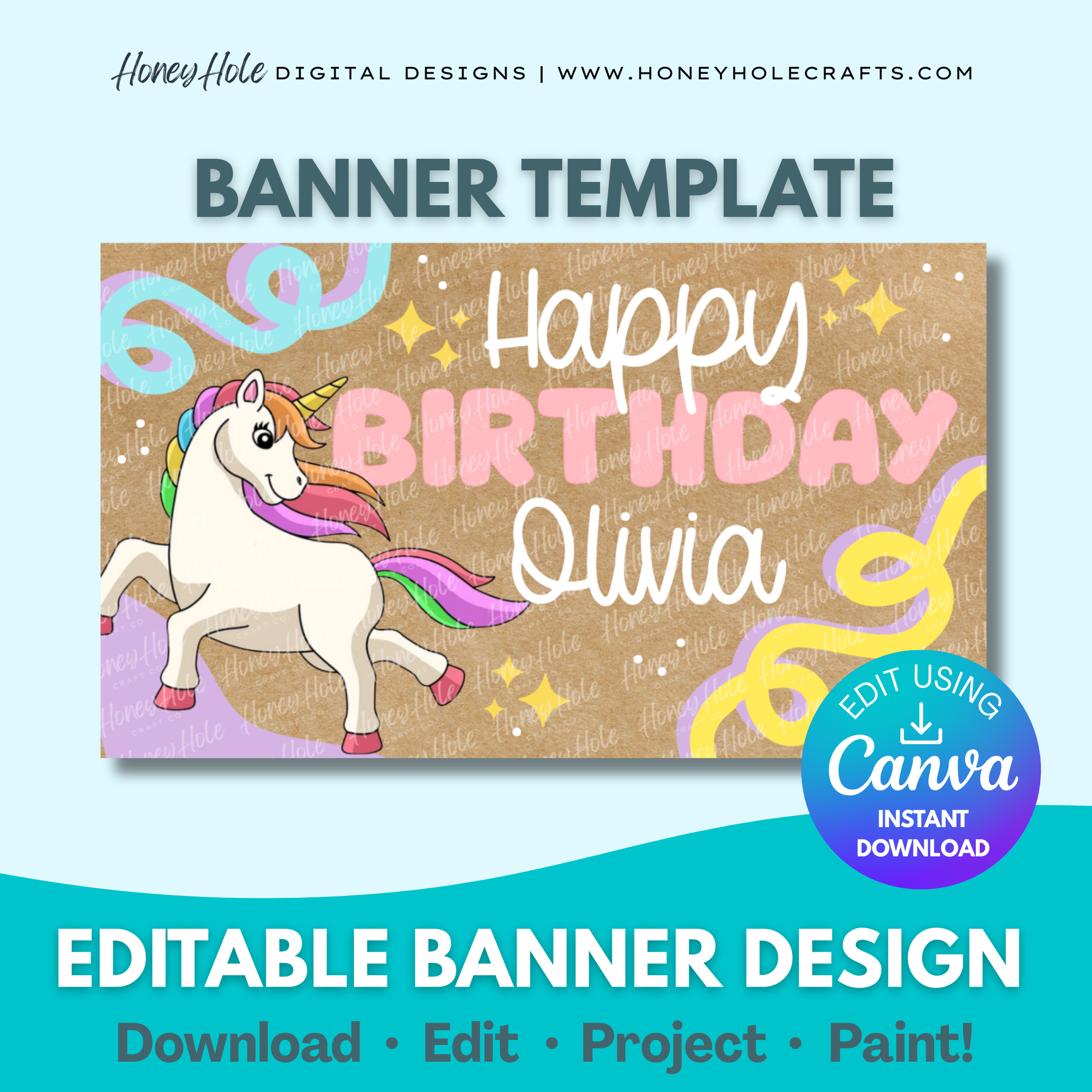Unicorn Colorful Birthday Template | Rainbow, Brown Paper | Editable digital banner template made by Honey Hole Crafts | Available at honeyholecrafts.com