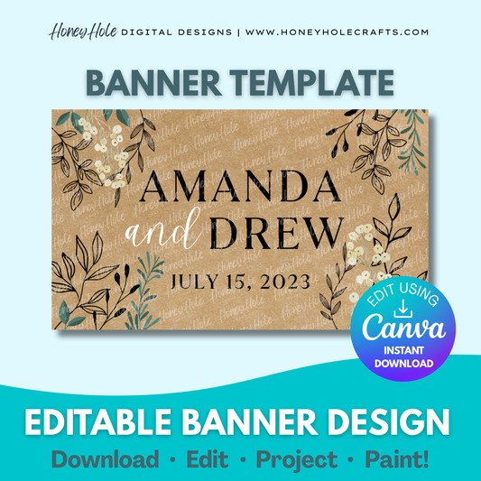 Wedding Engagement Banner Template | Neutral Florals, Elegant Minimalist Party, Brown Paper | Editable digital banner template made by Honey Hole Crafts | Available at honeyholecrafts.com