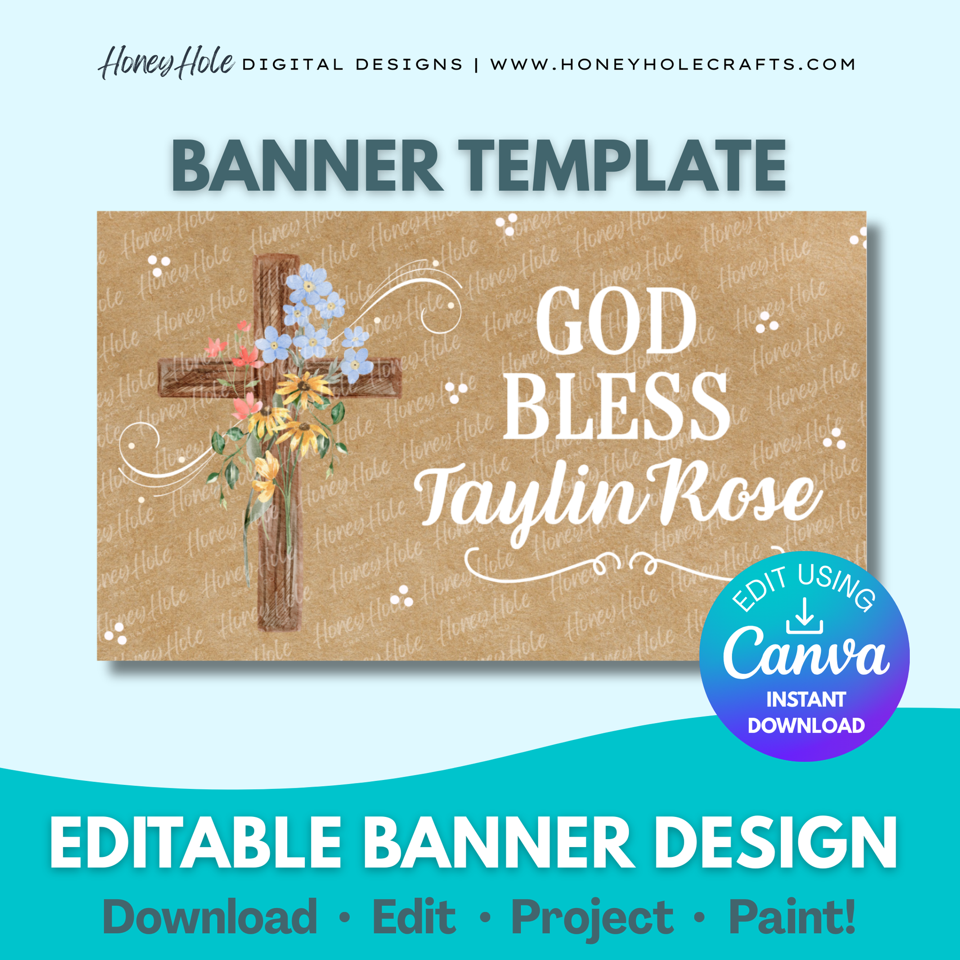 Wildflower Baptism Template | Cross, Floral, Brown Paper | Editable digital banner template made by Honey Hole Crafts | Available at honeyholecrafts.com