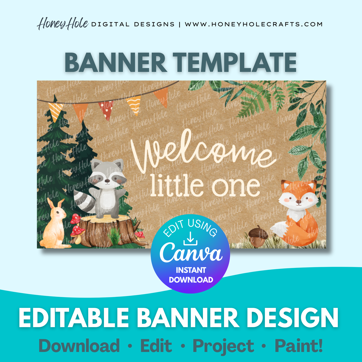 Woodland Baby Shower Template | Forrest Animals, Brown Paper | Editable digital banner template made by Honey Hole Crafts | Available at honeyholecrafts.com