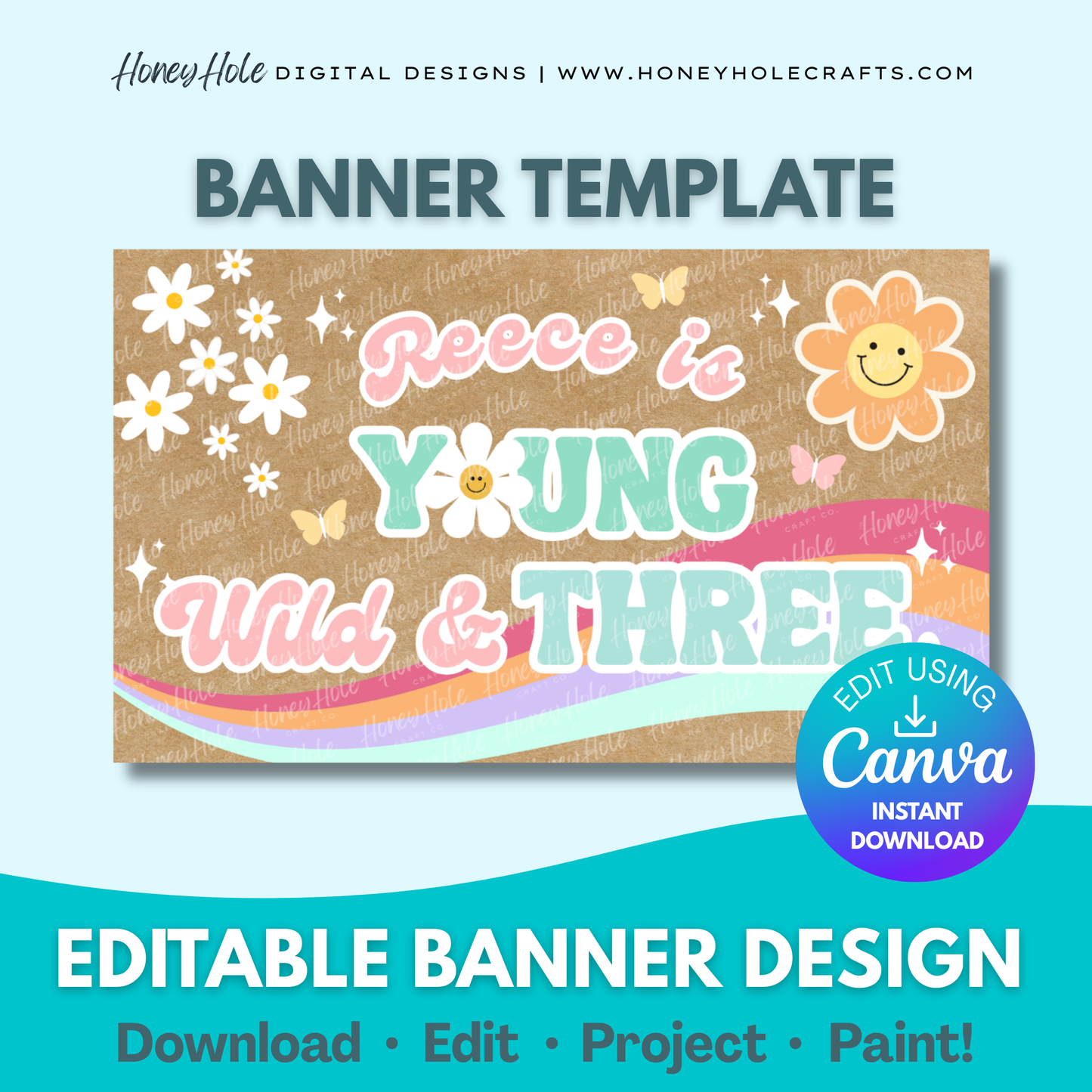 Young Wild & Three Birthday Template | Groovy, Brown Paper | Editable digital banner template made by Honey Hole Crafts | Available at honeyholecrafts.com